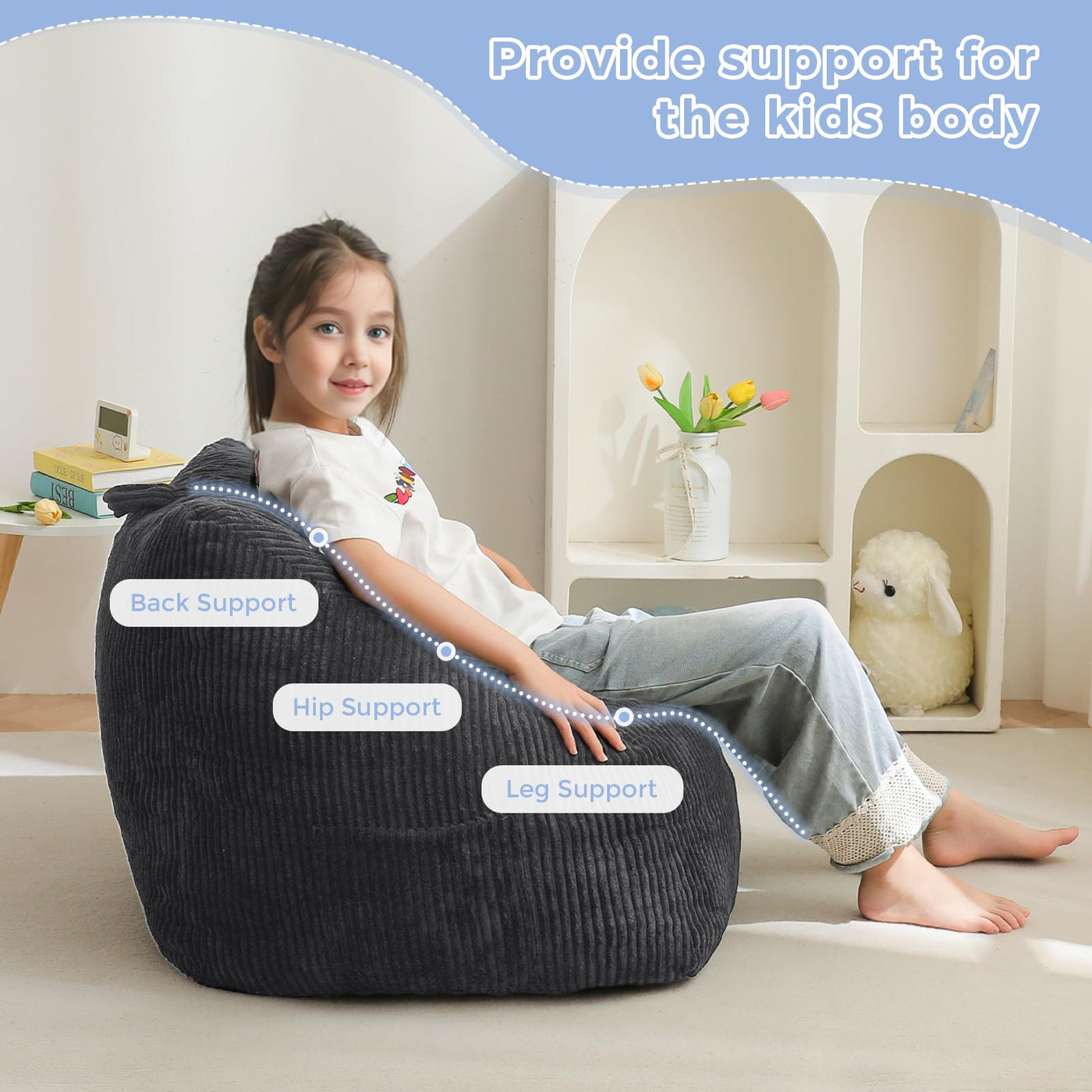 MAXYOYO Kids Bean Bag Chair, Corduroy Bean Bag Couch with Handle and Pocket for Gaming Reading Relaxing, Dark Grey