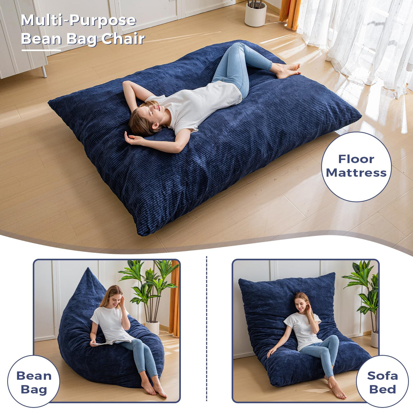 MAXYOYO 3 in 1 Bean Bag Chair, Giant Pillow Lounger for Livingroom Bedroom, Navy