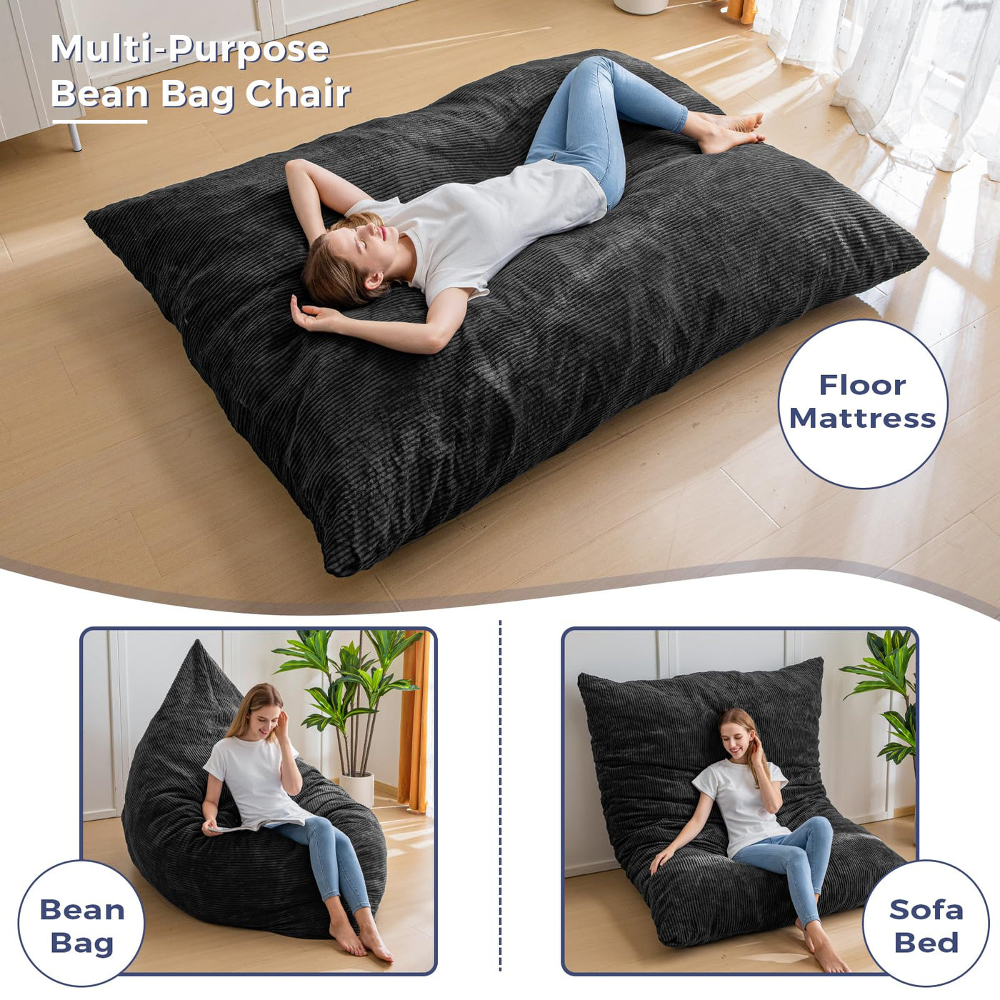 MAXYOYO 3 in 1 Bean Bag Chair, Giant Pillow Lounger for Livingroom Bedroom, Black