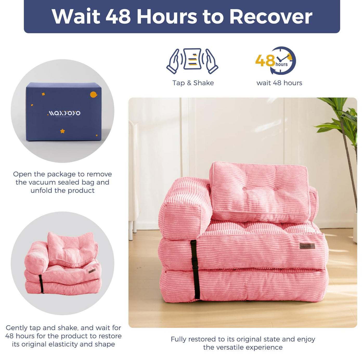 MAXYOYO Folding Sofa Bed, L-Shaped Convertible Sofa Bed with Armrest Foldable Sleeper Sofa, Pink