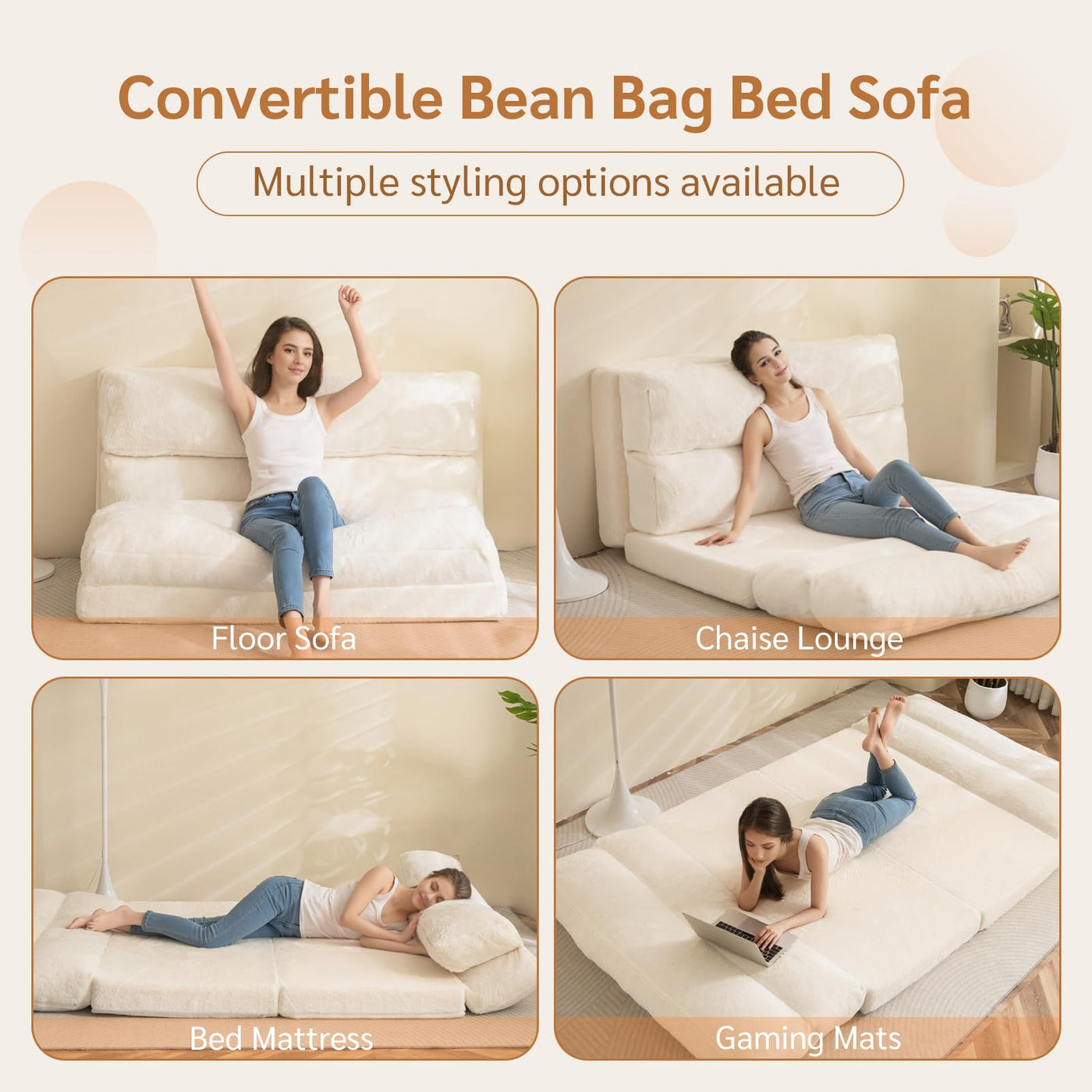 MAXYOYO  Bean Bag Bed Folding Sofa Bed, Extra Wider Fold Full Floor Mattress, Beige Floor Couch