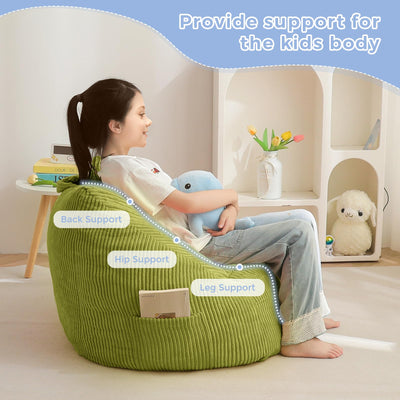 MAXYOYO Kids Bean Bag Chair, Corduroy Bean Bag Couch with Handle and Pocket for Gaming Reading Relaxing, Green