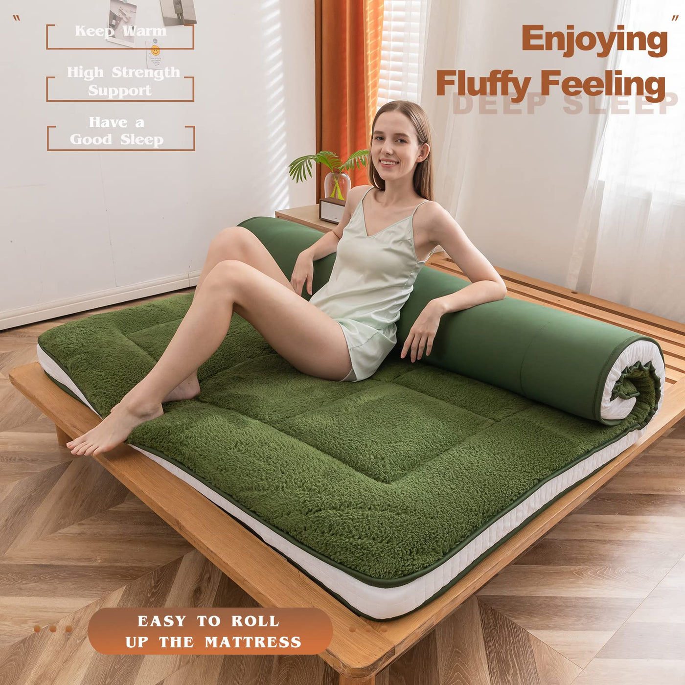 MAXYOYO Sherpa Fleece Padded Japanese Floor Mattress, Fluffy Wool-Like Fleece Floor Mattress for All Seasons, Green