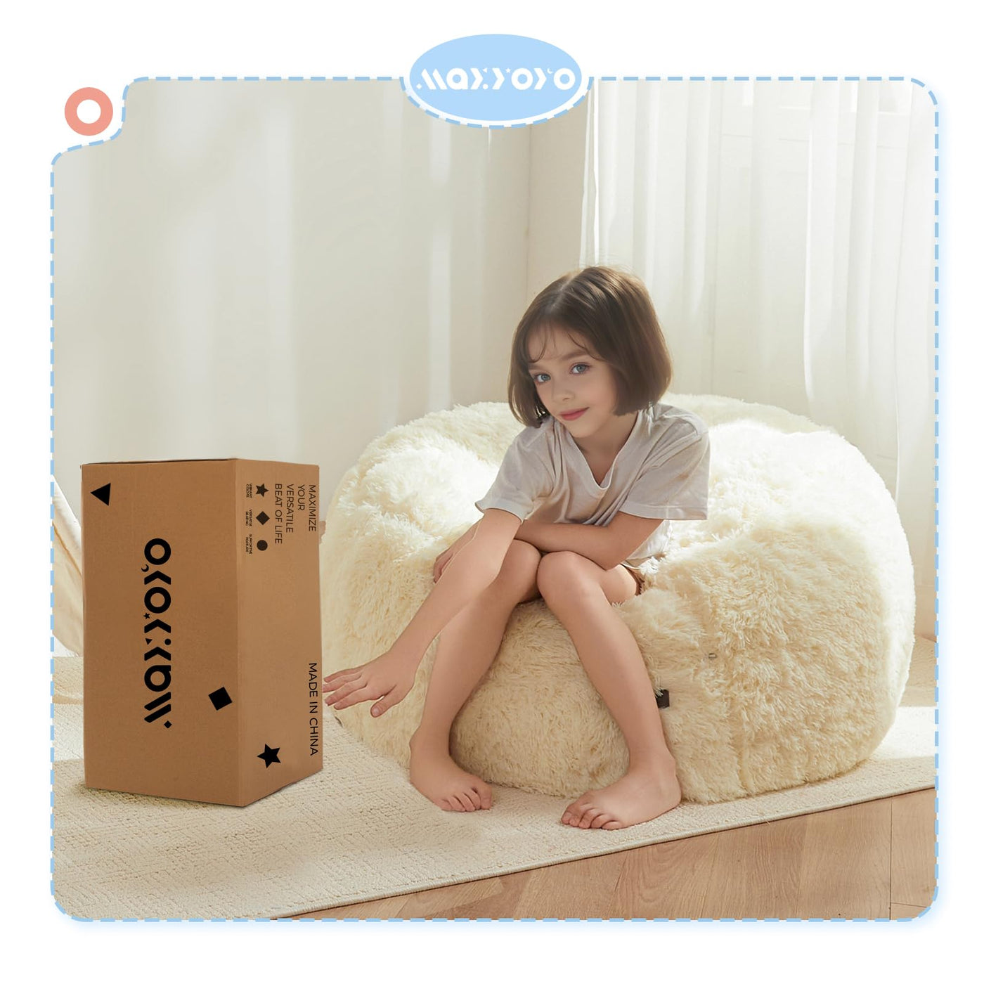 MAXYOYO Bean Bag Chair Bed for Kids, Plush Convertible Bean Bag Folds from Chair to Floor Mattress, Beige