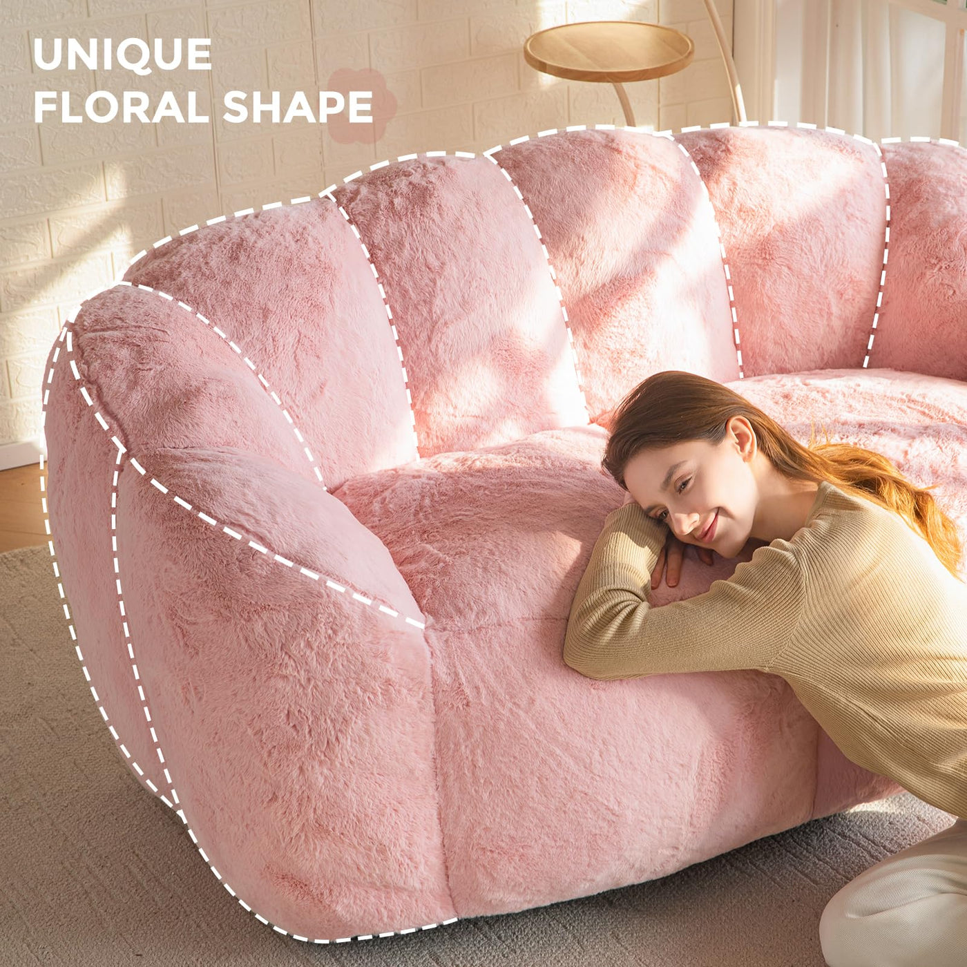 MAXYOYO Bean Bag Chair, Ultra Soft Faux Fur Loveseat Floral Petal Back Sofa for Adults, Double Size (Pink)