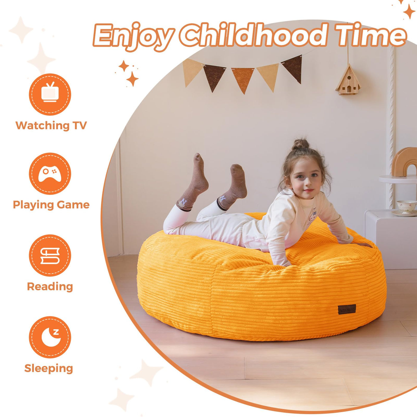 MAXYOYO 3-in-1 Kids Convertible Bean Bag Chair & Bed, Corduroy Round Child Floor Sofa for Gaming, Reading, Orange