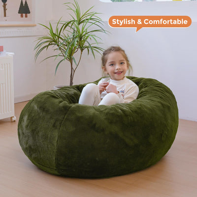 MAXYOYO 3 in 1 Kids Bean Bag Chair Bed, Faux Fur Round Child Floor Sofa for Gaming, Reading (Green)