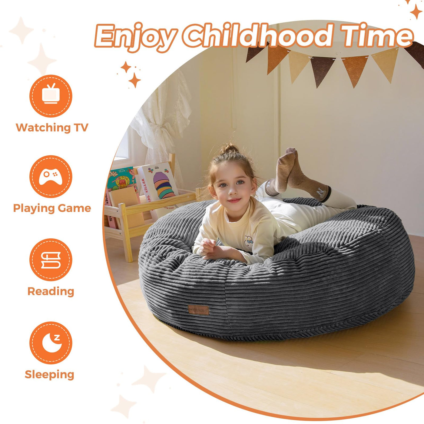 MAXYOYO 3-in-1 Kids Convertible Bean Bag Chair & Bed, Corduroy Round Child Floor Sofa for Gaming, Reading, Dark Grey