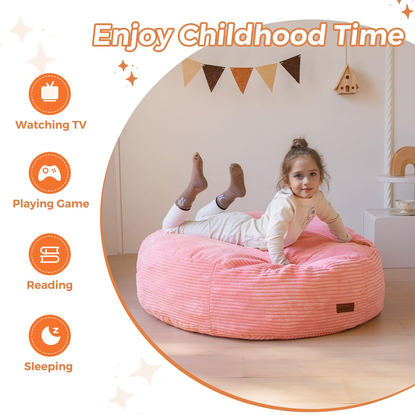 MAXYOYO 3-in-1 Kids Convertible Bean Bag Chair & Bed, Corduroy Round Child Floor Sofa for Gaming, Reading, Pink