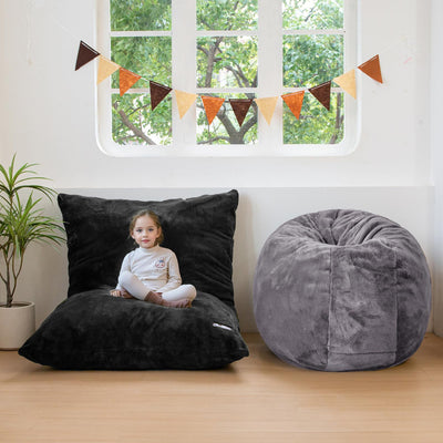 MAXYOYO 3 in 1 Kids Bean Bag Chair Bed, Faux Fur Child Floor Sofa for Gaming, Reading (Black)