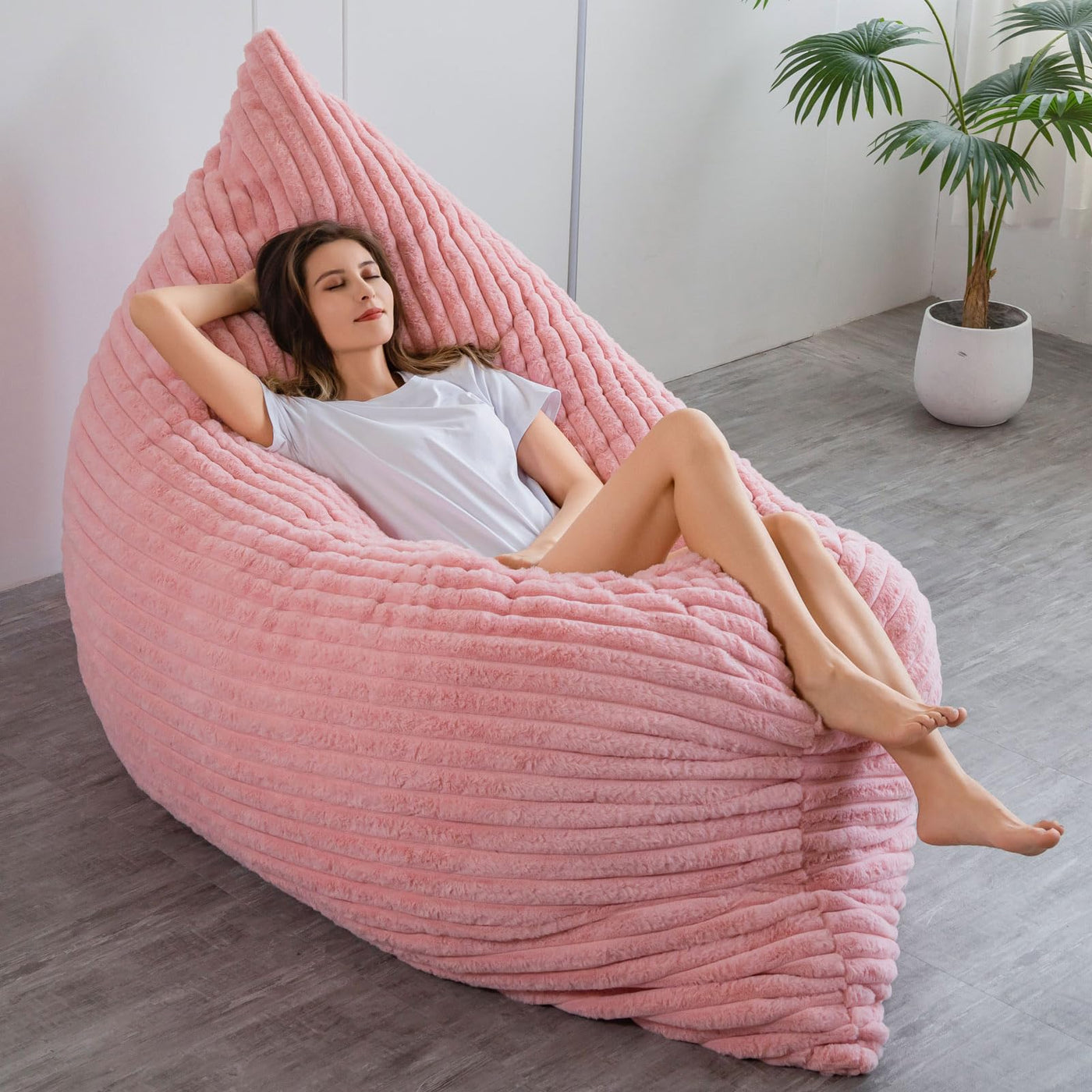 MAXYOYO 3 in 1 Bean Bag Chairs, Soft Striped Faux Fur Convertible Large Floor Pillow BeanBag, Pink