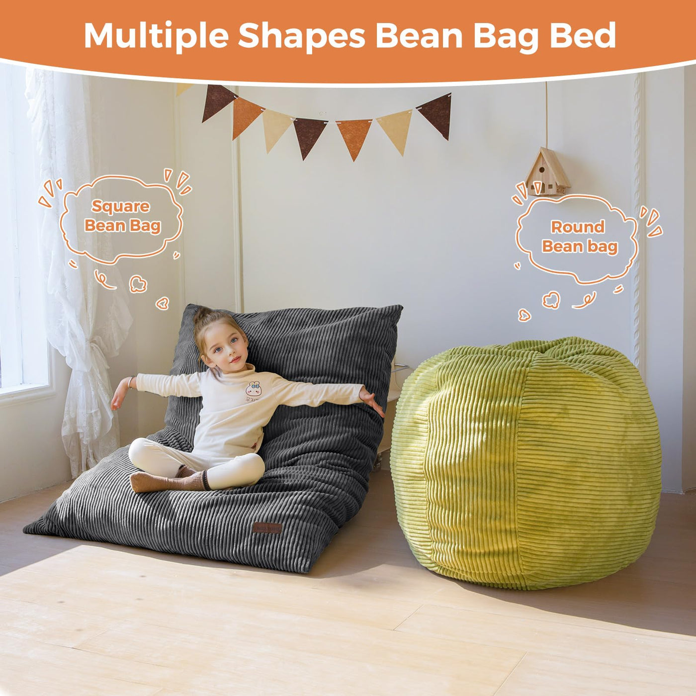 MAXYOYO 3-in-1 Kids Convertible Bean Bag Chair & Bed, Child Floor Sofa for Gaming, Reading, Dark Grey