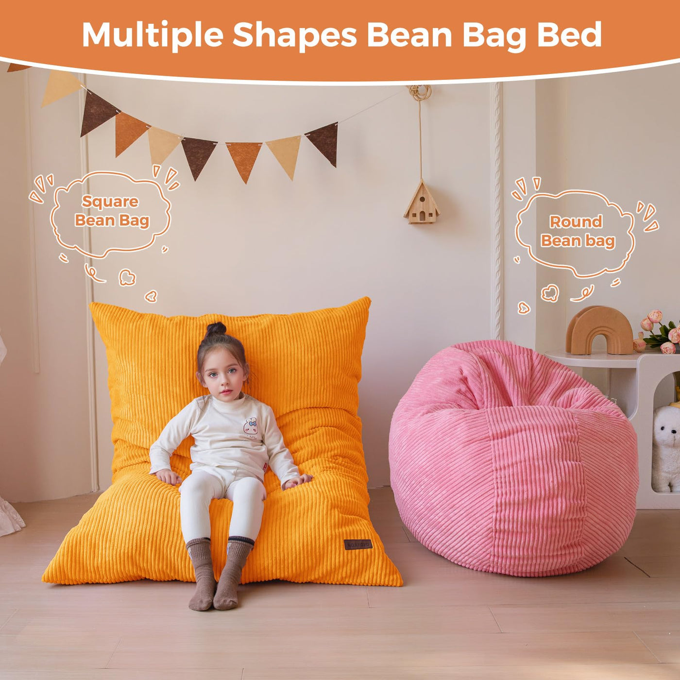 MAXYOYO 3-in-1 Kids Convertible Bean Bag Chair & Bed, Child Floor Sofa for Gaming, Reading, Orange