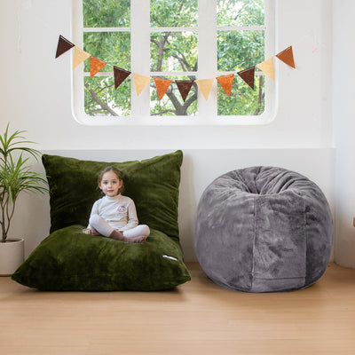 MAXYOYO 3 in 1 Kids Bean Bag Chair Bed, Faux Fur Round Child Floor Sofa for Gaming, Reading (Dark Grey)