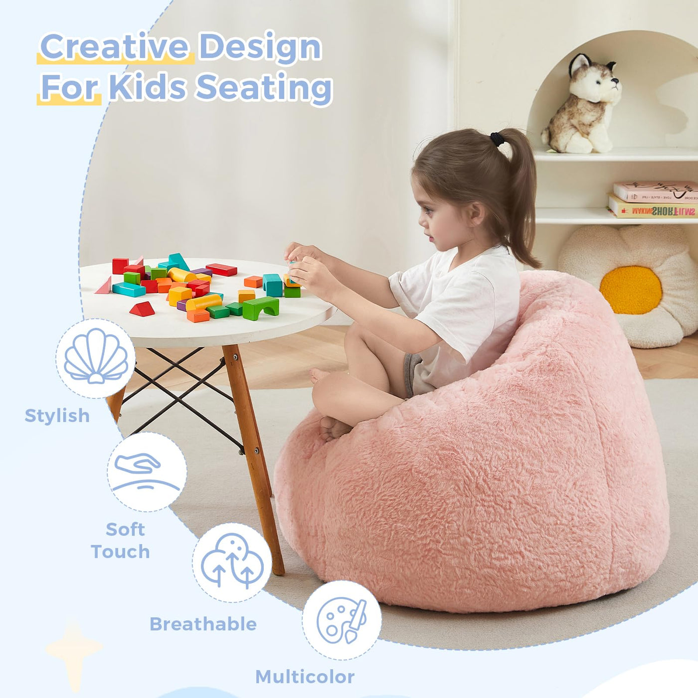 MAXYOYO Bean Bag Chair for Kids, Shell Shaped Bean Bag Couch for Boys and Girls, Pink