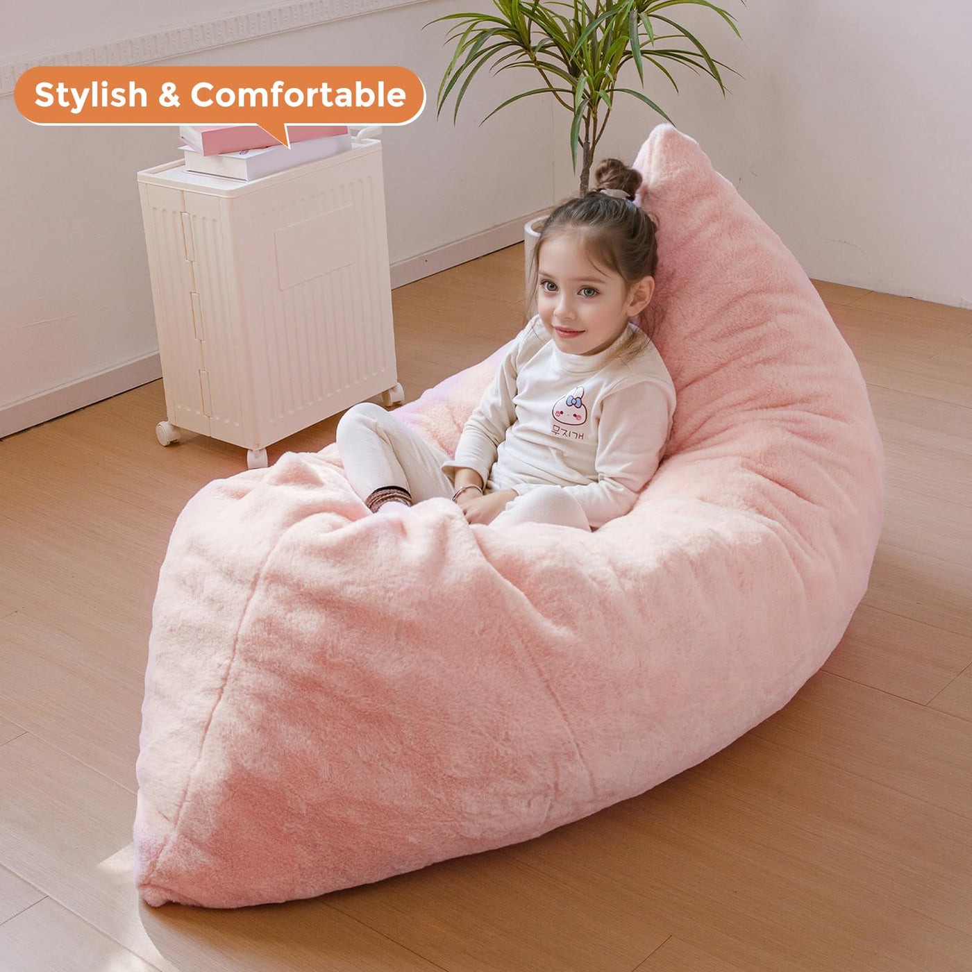 MAXYOYO 3 in 1 Kids Bean Bag Chair Bed, Faux Fur Child Floor Sofa for Gaming, Reading (Pink)