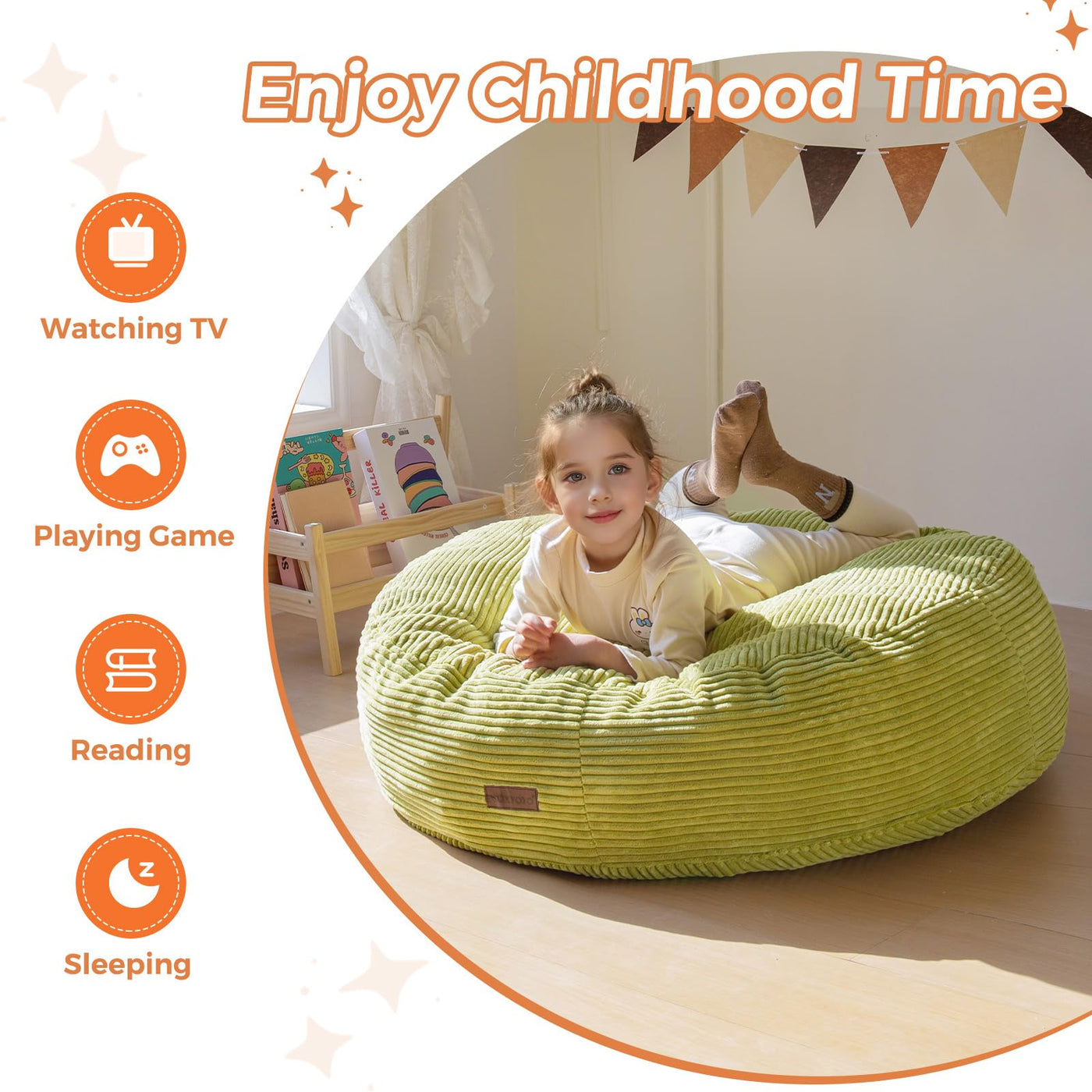 MAXYOYO 3-in-1 Kids Convertible Bean Bag Chair & Bed, Corduroy Round Child Floor Sofa for Gaming, Reading, Green