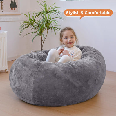 MAXYOYO 3 in 1 Kids Bean Bag Chair Bed, Faux Fur Round Child Floor Sofa for Gaming, Reading (Dark Grey)