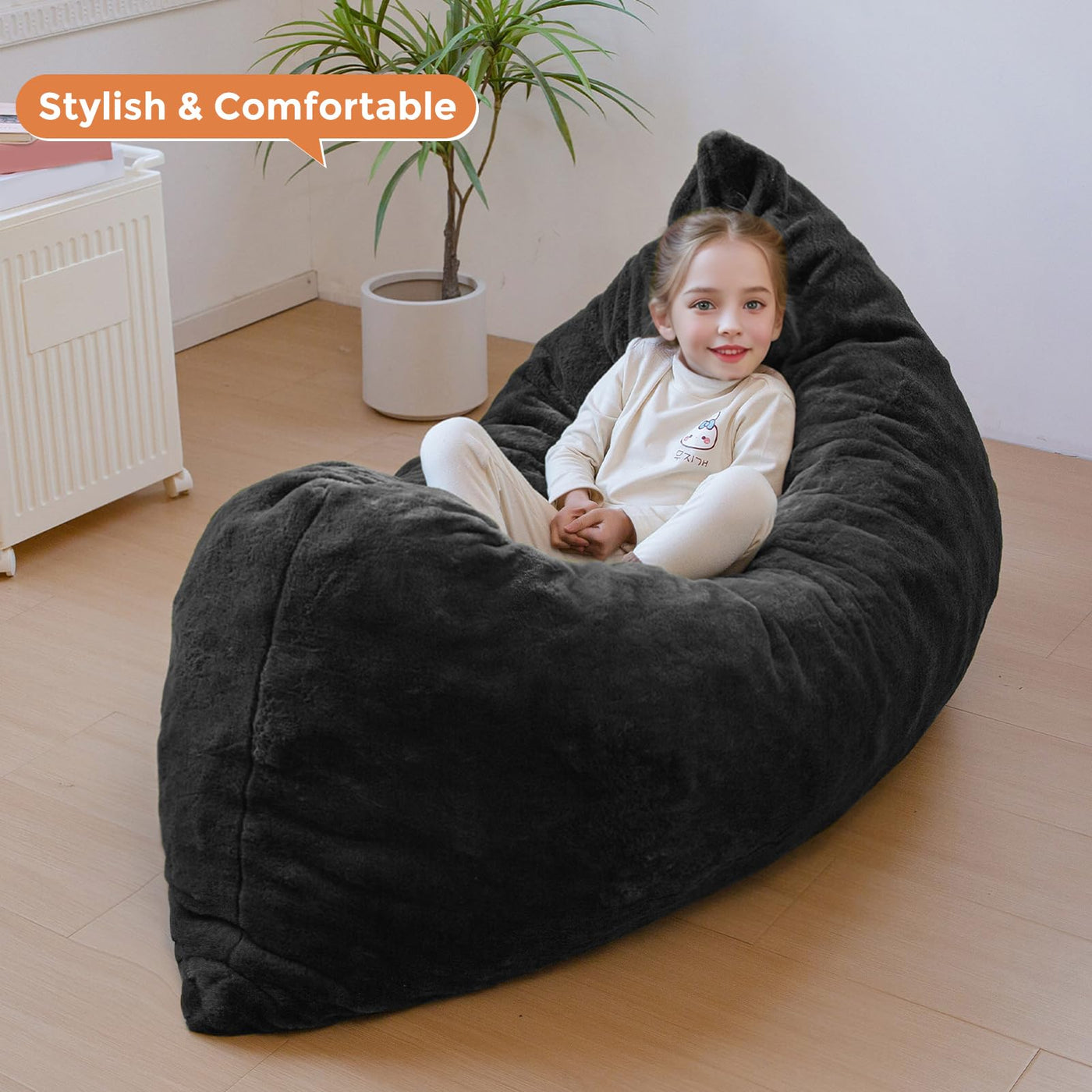 MAXYOYO 3 in 1 Kids Bean Bag Chair Bed, Faux Fur Child Floor Sofa for Gaming, Reading (Black)