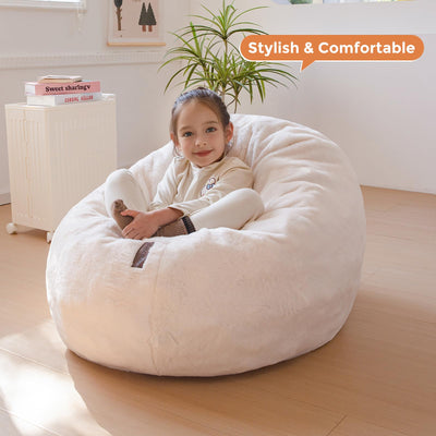 MAXYOYO 3 in 1 Kids Bean Bag Chair Bed, Faux Fur Round Child Floor Sofa for Gaming, Reading (Beige)