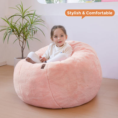 MAXYOYO 3 in 1 Kids Bean Bag Chair Bed, Faux Fur Round Child Floor Sofa for Gaming, Reading (Pink)