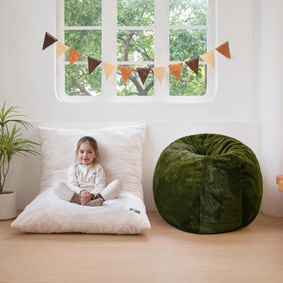 MAXYOYO 3 in 1 Kids Bean Bag Chair Bed, Faux Fur Round Child Floor Sofa for Gaming, Reading (Green)