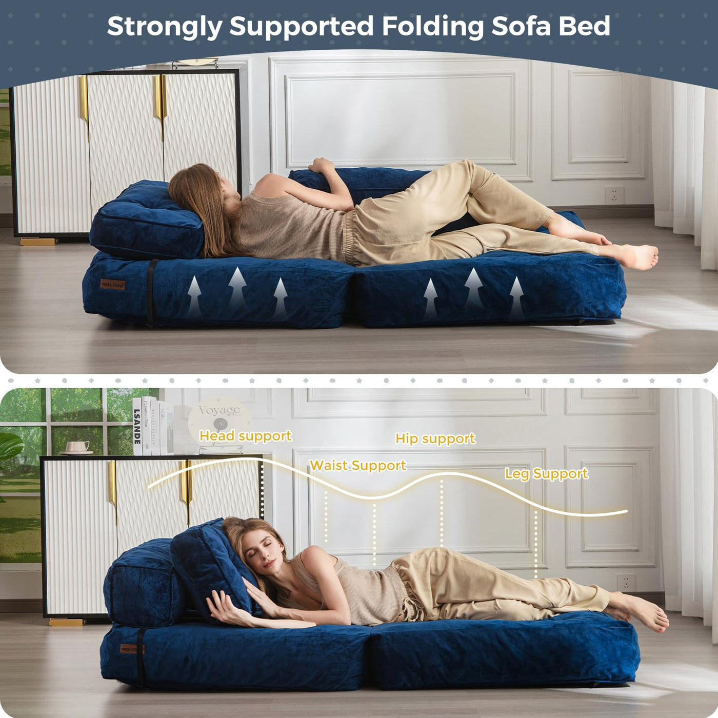 MAXYOYO Folding Sofa Bed, Velvet Convertible Sleeper Chair with Pillow Portable Fold Out Chair Bed, Navy