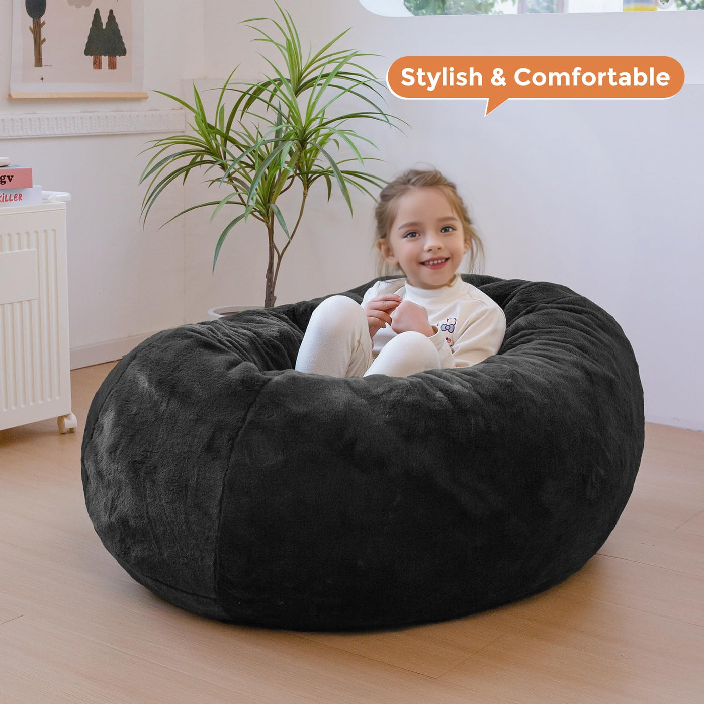 MAXYOYO 3 in 1 Kids Bean Bag Chair Bed, Faux Fur Round Child Floor Sofa for Gaming, Reading (Black)