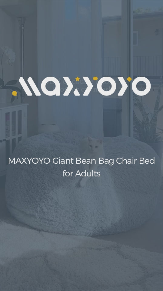 MAXYOYO Bean Bag Bed, Faux Fur BeanBag Chair to Velvet Floor Bed with Removable Cover, Grey