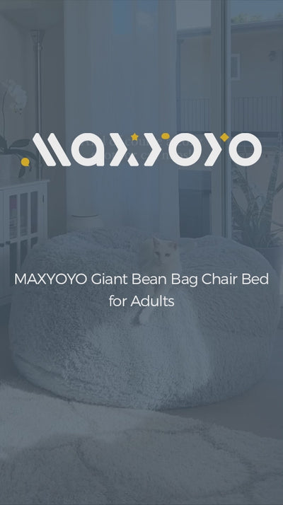 MAXYOYO Bean Bag Bed, Faux Fur BeanBag Chair to Velvet Floor Bed with Removable Cover, Grey